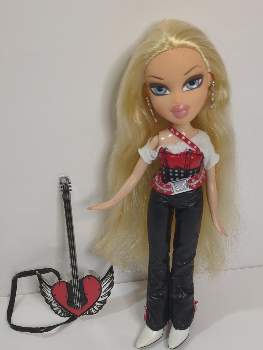 Blonde Fashion Doll in Red, Black and White Rock Outfit